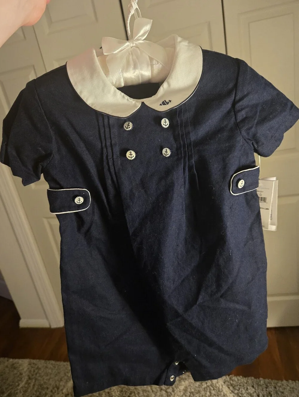 Ralph Lauren Navy Blue Baby Romper with White Peter Pan Collar